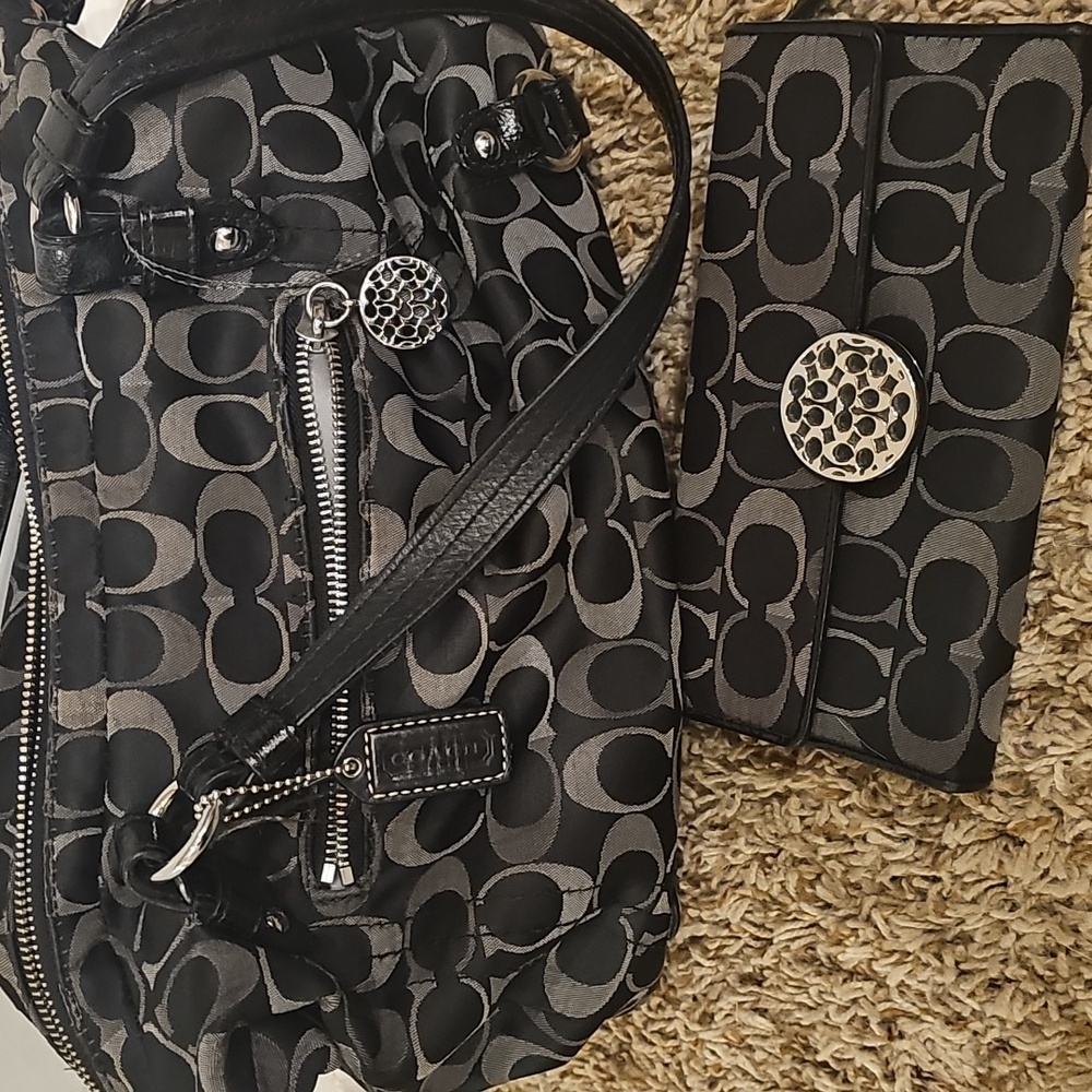 Coach Black and Gray Signature Bag and Wallet